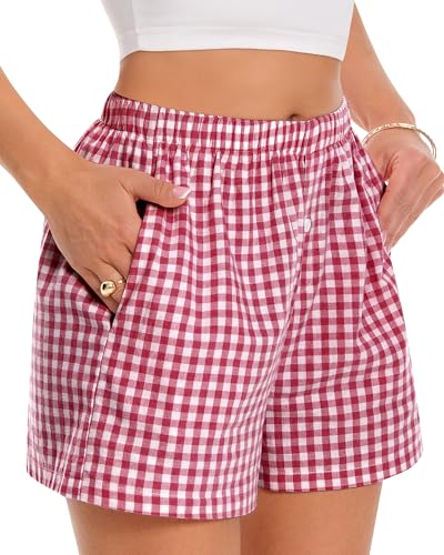 Image of Women Boxer Shorts Summer Gingham Pj Casual Plaid Bottoms with Pocket