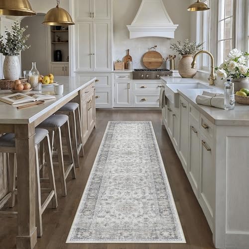 PureCozy Grau LäUfer Flur Vintage Teppich 60x240cm kurzflor rutschfest Weich Waschbarer Böhmischen Blau Teppiche für Küchen Hallway Retroteppiche Büro Wohnzimmer Schlafzimmer Bettvorleger