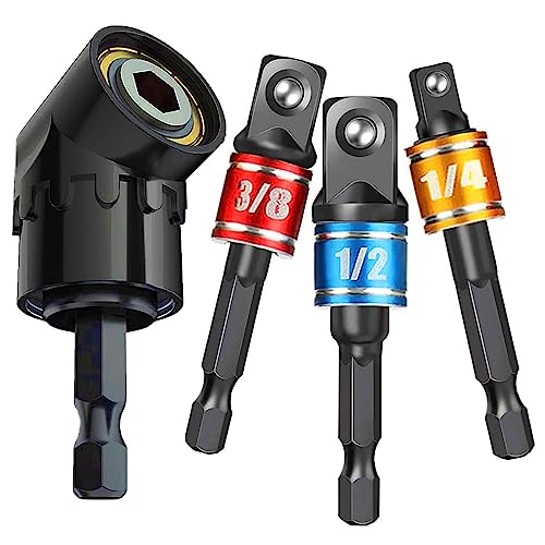 CIGOTU Impact Grade Socket Adapter Set - 3 Pcs Extension Drill Bit Socket Wrench Adapter for Impact Driver 1/4 3/8 1/2' Drive, 105 Degree Right Angle Drill Attachment for Household Workplace Industry