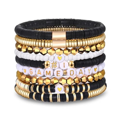boderier Football Bracelets for Women Game Day Bracelets Stack Heishi Beaded Stretchy Bracelets Sports Fan Bracelet Football Accessories Jewelry