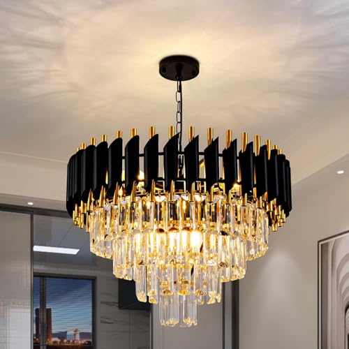 Image of SUANI Black Golden Italian K9 Crystal Ceiling Fixture Metal Chandelier for Living Room | Jhumar for Home | Jhoomar for Hotel | Light, Black Gold, Round (500) mm
