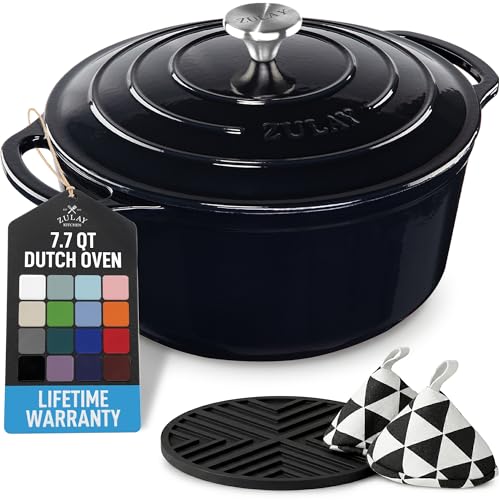 Image of Zulay Kitchen 7.7 Quart Enameled Cast Iron Dutch Oven Pot with Lid - Premium Durability & Oven Safe up to 500F - Heavy Duty Cookware Perfect for Bread Baking, Stews, Braising & Roasting - Black