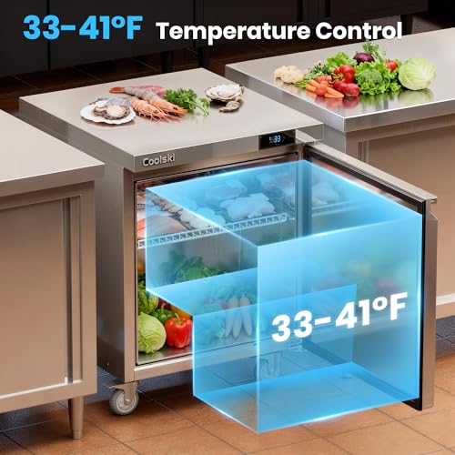 Image of Coolski Commercial Worktop Undercounter Refrigerator, 27 inch W Single Door Commercial Under Counter Fridge, 7.5 Cu.ft. Stainless Steel Fan Cooling Refrigerator for Restaurant, Bar, Shop, Kitchen Use