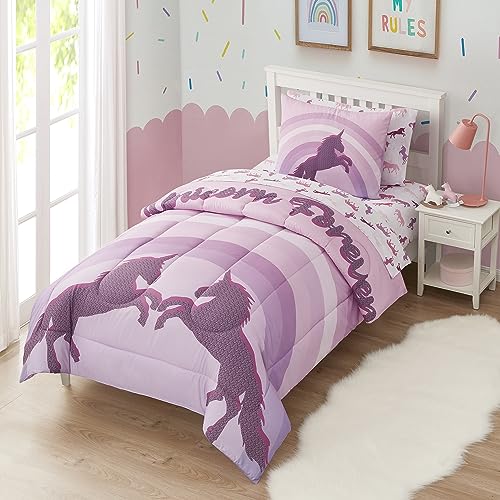 Image of Kids Bedding Set Bed in a Bag for Boys and Girls Toddlers Printed Sheet Set and Comforter, Twin, Unicorn Forever