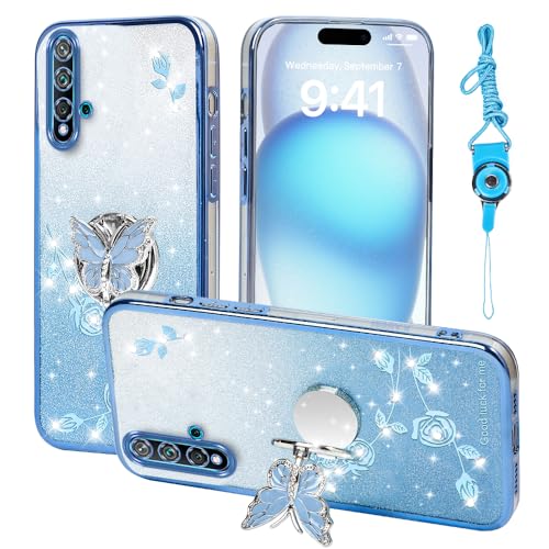 RTYQXK for Huawei Nova 5T Phone Case,for Mobile Phone Case for 20 Pro Women and Girl, Glitter Butterfly Floral TPU Protective Cover with Kickstand+Strap for Honor 20 / 20S (Blue)