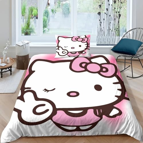 HOUKIG Hello Kitty Duvet Cover Set Single Size for Girl Kids Bed Anime Characters Cover Adults Bedroom,3D Bedding Duvet Cover Themed Bedspread,Soft Microfiber Bed Set Single（135x200cm）