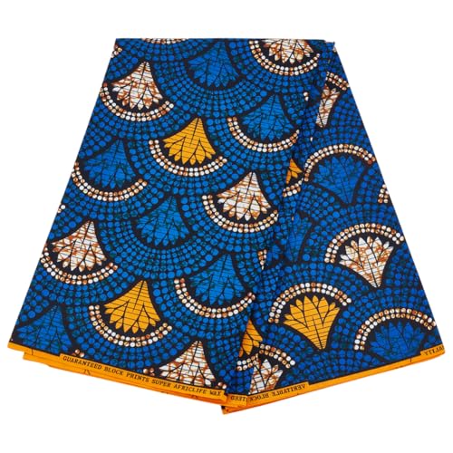 MAYJOYDIY Tela africana azul de 5,9 m 1,1 m Ankara africano estampado de abanico tela de impresión de cera africana para vestidos, camisas, pantalones, bolsillos, cortinas, manteles