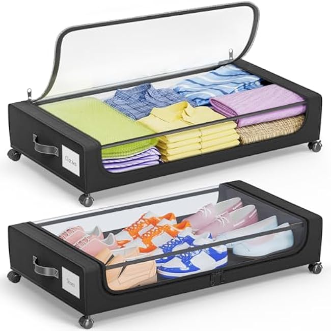 Under Bed Storage with 360¡ã Wheels, 2-Pack, 60L Low-Profile Rolling Underbed Bins for Clothes, Shoes, Toys & Books,Easy Pull-Out, Dust Protection, Space-Saving Organizer for Bedroom/Dorm, Black