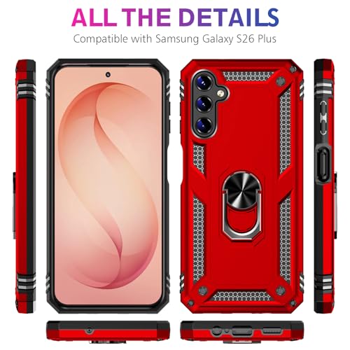 Image of for Samsung Galaxy S26 Plus Case with Screen Protector, Heavy Duty Military Grade Shockproof Rugged Protective Cover for Samsung S26 Plus Phone Case with Metal Ring Magnetic Kickstand (Red)