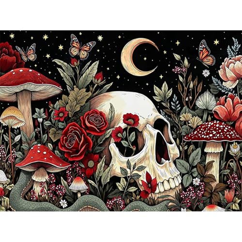 Gothic Diamond Art Kits for Adults 5D DIY Mushroom Diamond Painting Kits for Beginner Moon Diamond Dots Full Drill Crafts for Gem Art Dot Art for Adults Home Wall Decor for Teens Skull 12x16 inch