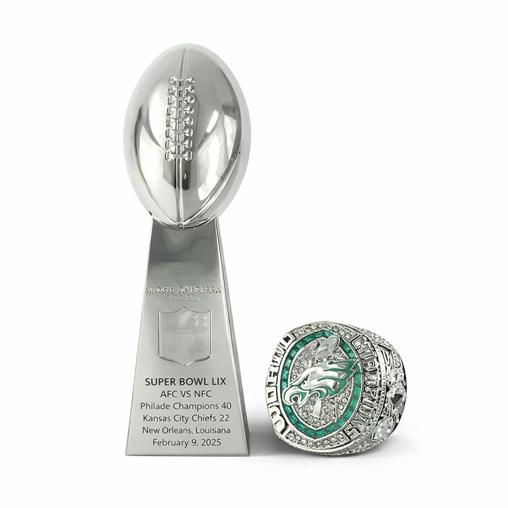 American Football Meisterschaftsring & Pokal Replik Set – Fantasy Football Sammlerstück Geschenk für Fans, Spieler & Sammler, Sport Schreibtisch Display Dekoration
