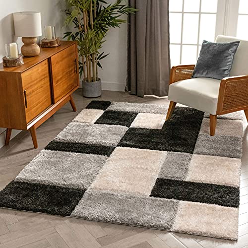 Image of Shaggy Rug for Bedroom Living Room 3X5 FEET Fluffy Plush Area Carpet with Non Slip Backing, Modern Cozy Floor Rug for Home Decor and Comfort (Black- Ivory)