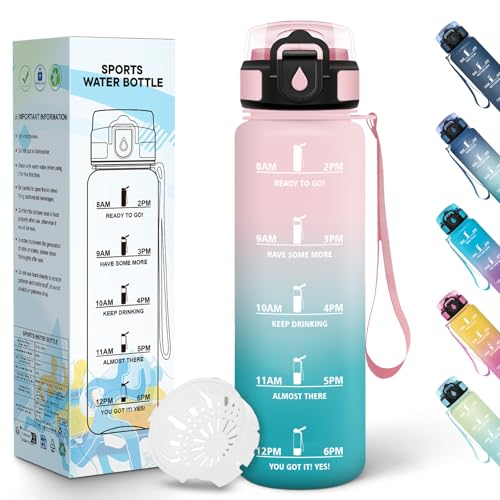 Baramumu Botella agua 1 litro, Reutilizable, Cantimplora, con Marcador de Tiempo, Botella agua Gimnasio, a Prueba de Fugas, Botellas Gym para Oficina, Gym, Yoga, Rosa & Verde