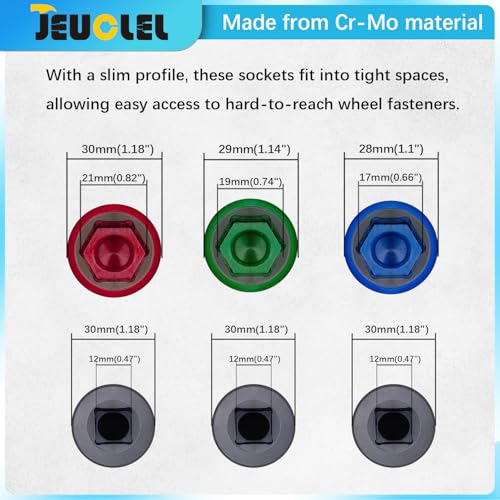 Image of 3PCS Lug Nut Socket Set, 1 /2 inch Drive Impact Extra-Long Impact Socke | 17mm, 19mm, 21mm, 6 Point, Non-Marring, Thin Wall, Deep Socket, Wheel Protector, Protective Socket, Color-Coded, Cr-Mo Steel