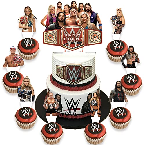 25pc Wrestling Cake Kit, Wrestling Party Supplies Set with 1pc Wrestler Cake Topper and 24pc Wrestling Cupcake Toppers, Wrestling Decoration For Cake, Undertaker Boxing Birthday Party Decorations