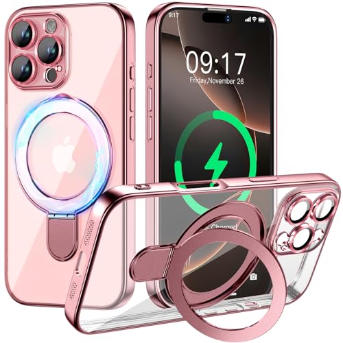 Image of Magnetic for iPhone 16 Pro Case with Invisible Stand[Compatible with MagSafe][Full Camera Lens Protector][Military Drop Protection] Shockproof Not Yellowing Clear Slim Soft for Women Men
