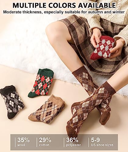 Image of IIG 5 Pairs Womens Pretty Vintage Wool Socks Unique Print Design Soft Cozy Warm Crew Socks Christmas Gift