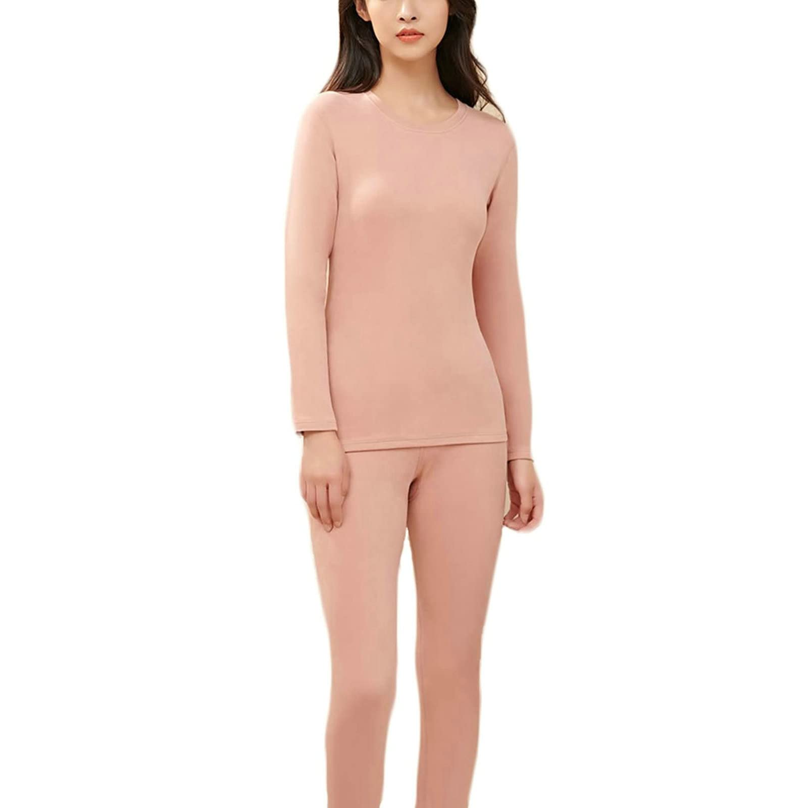 Aeici sous-Vêtement Thermique, sous-Vêtement Thermique Femme Coton Col Rond Haut & Bas Rose