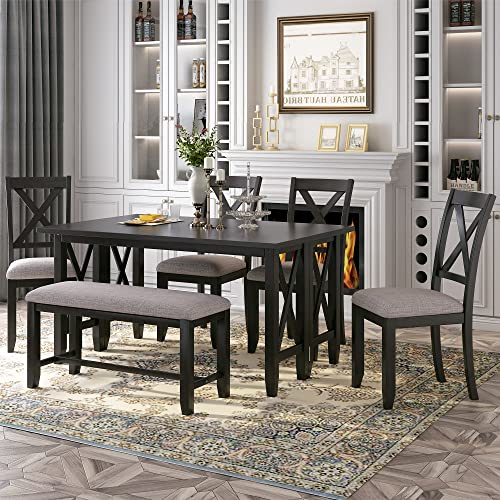 6-Piece Dining Room Table Set, Rustic Farmhouse Dining Room Foldable Table with 4 Upholstered Chairs and Bench, Solid Wood Kitchen Dining Room Set for 4-6 Persons (Espresso 60in) 6-Piece Dining Room Table Set, Rustic Farmhouse Dining Room Foldable Table with 4 Upholstered Chairs and Bench, Solid Wood Kitchen Dining Room Set for 4-6 Persons (Espresso 60in)