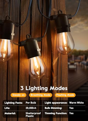 Image of Minetom Solar Outdoor String Lights - 48Ft Patio Lights with 15+1 LED Shatterproof Bulbs, 3 Light Modes, Remote Control, Timing, Outside Weatherproof Hanging Lights for Backyard Party Decor