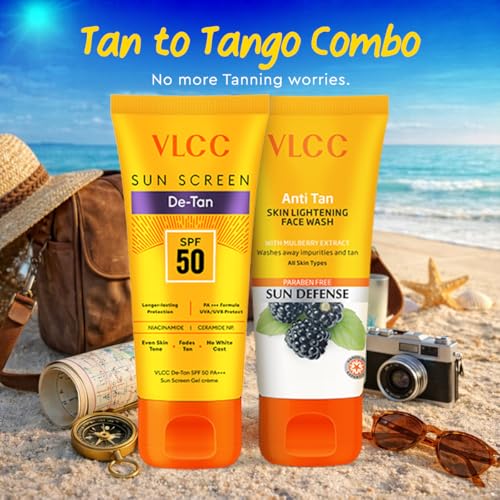 Image of VLCC Tan-to-Tango Combo - Anti-Tan Skin Lightening Face Wash 50 g + De-Tan SPF 50 PA+++ Sunscreen Gel Creme 50 ml | Fades Tan, Even Skin Tone