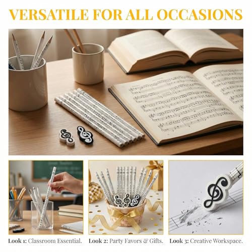 TCETCY 36 Stück Musiknoten Stifte, 24 Bleistifte für Musiknoten + 12 Radiergummis, Stifte mit Musiknoten Bleistift Musik Musikmotiven Bleistifte Holzstifte Für Studenten Klassenzimmer Partygeschenke