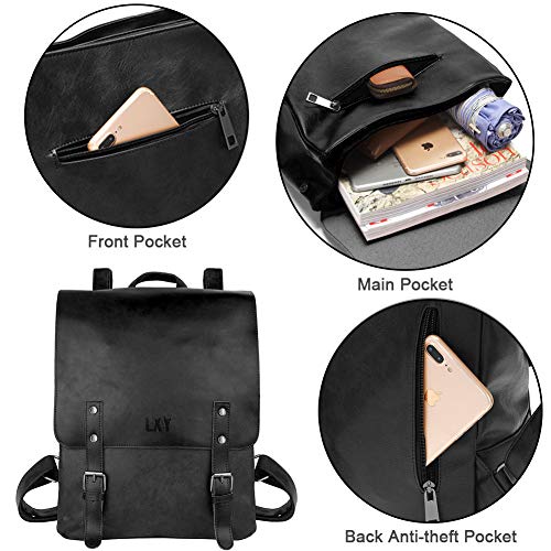 LXY Vegan Leather Backpack Vintage Laptop Bookbag for Women Men, Black Faux Leather Backpack Purse Bookbag Weekend Travel Daypack2