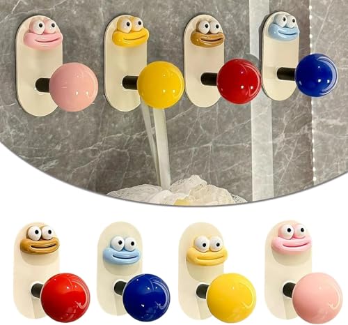 Image of Cartoon Face Self-Adhesive Wall Hook with Colorful Ball Shape Knob, No-Drill Hanging Hook (1)