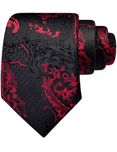 GUSLESON Red Black Tie for Men Silk Blend Paisley Necktie for Wedding Business Party (1039-09)