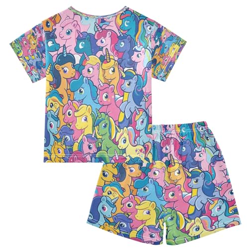 Pink Blue Green Horse Kids Pjs Set Boys Girls Summer Short-Sleeve Sleepwear Pajamas 2PCS2