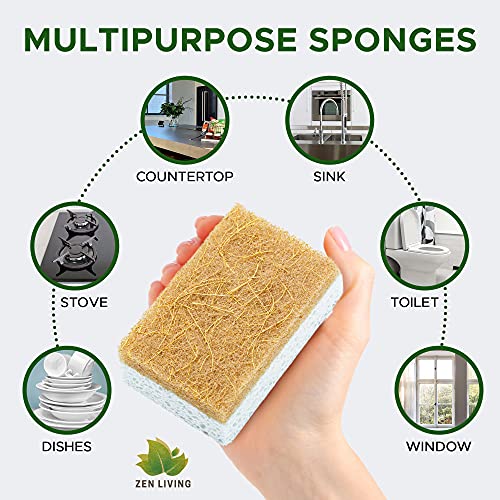 Zen Living Natural Sponge - Eco-Friendly Scrub Sponges For Kitchen - Non Scratch Odor Free Biodegradable Plant Based Scrubber Pads For Cleaning Dishes - Best Wooden Pulp Sponge (Brown-White, 12 Pack) #TOP2