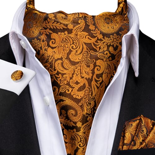 Image of Hi-Tie Silk Ascot for Men Self Tie Men's Cravat and Flower Lapel Pin Handkerchief Cufflinks Set for Wedding Party