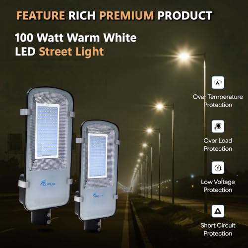 Image of Forus 100W LED Street Light Outdoor with 4-Yr Warranty, High Lumen 120 lm /W Waterproof Warm White Light, Energy Saving Aluminium LED Street Lamp for Road, Parking Lot, Industrial Area Lighting (1 PC)