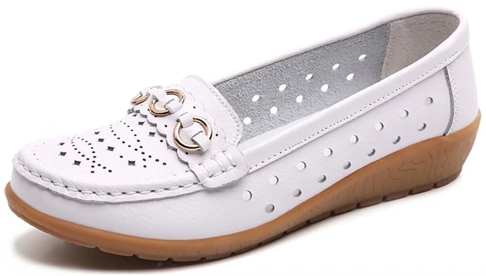 Fangsto Women's Leather Classic Wedge Moccasins Slip-Ons Casual Walking Driving Cutout Breathable