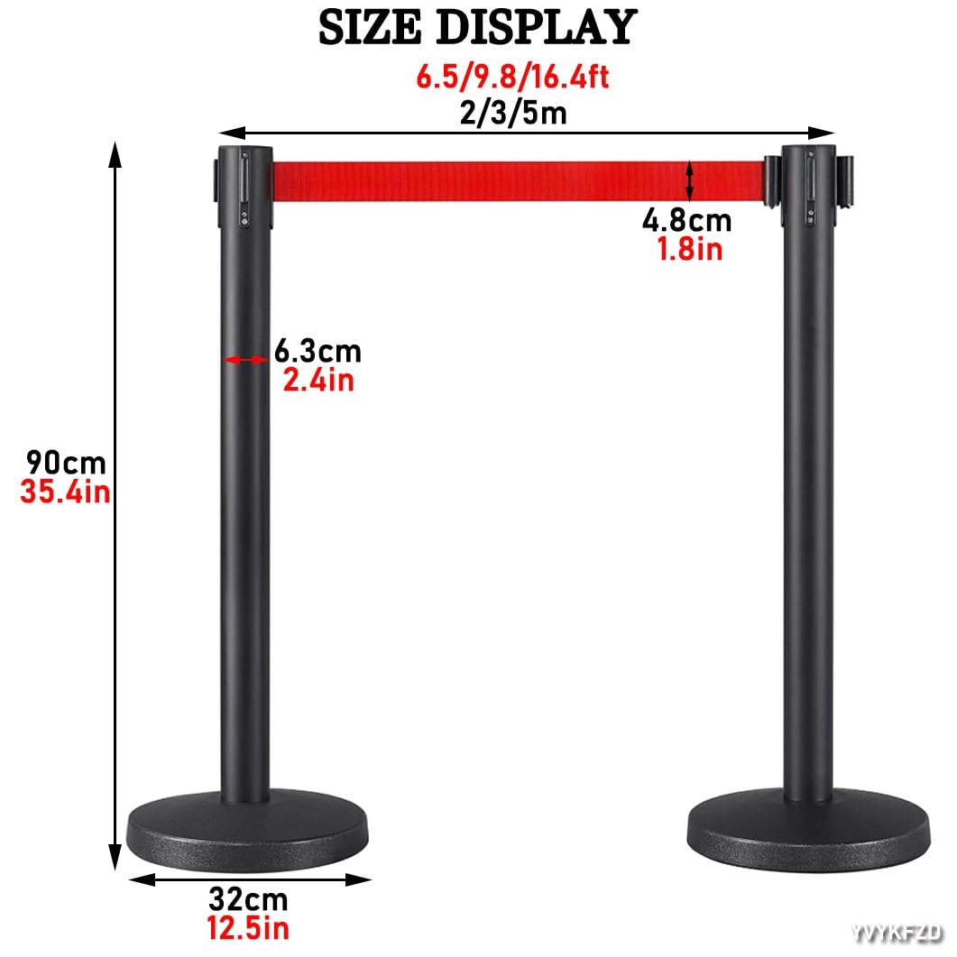 YVYKFZD Lot de 4 Poteau de Guidage des foules, Poteaux de Guidage avec base en caoutchouc, Barrière de Balisage des foules robustes, poteaux de ceinture rétractables(Red and white,3m/9.8ft)