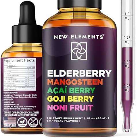 New Elements Liquid Elderberry Syrup with Mangosteen Acai Berry Goji Berry Noni Fruit | Liquid Black Sambucus Elderberry Drops for Kids and Adults | Immune Support | Vegan | Non-GMO Cover
