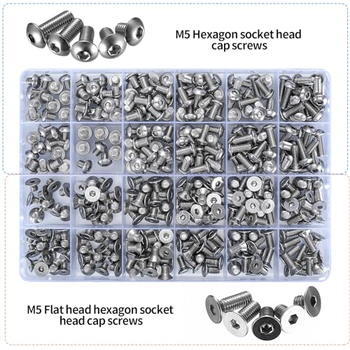 360 Pcs M5 Metric Hex Socket Head Cap Screws & Bolts Set, 180 Countersunk & 180 Flat Head Screws - 6mm/8mm/10mm/12mm/14mm, Silver - Image 3