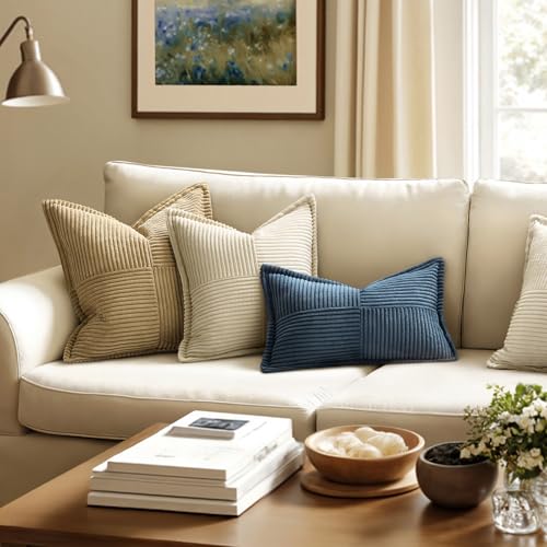 Image of MIULEE Decorative Lumbar Throw Pillow Covers for Couch Bed Livingroom 12x24 Inch Set of 2 Blue Boho Accent Throw Pllows Broadside Striped Patchwork Soft Corduroy Summer Coastal Pillowcases
