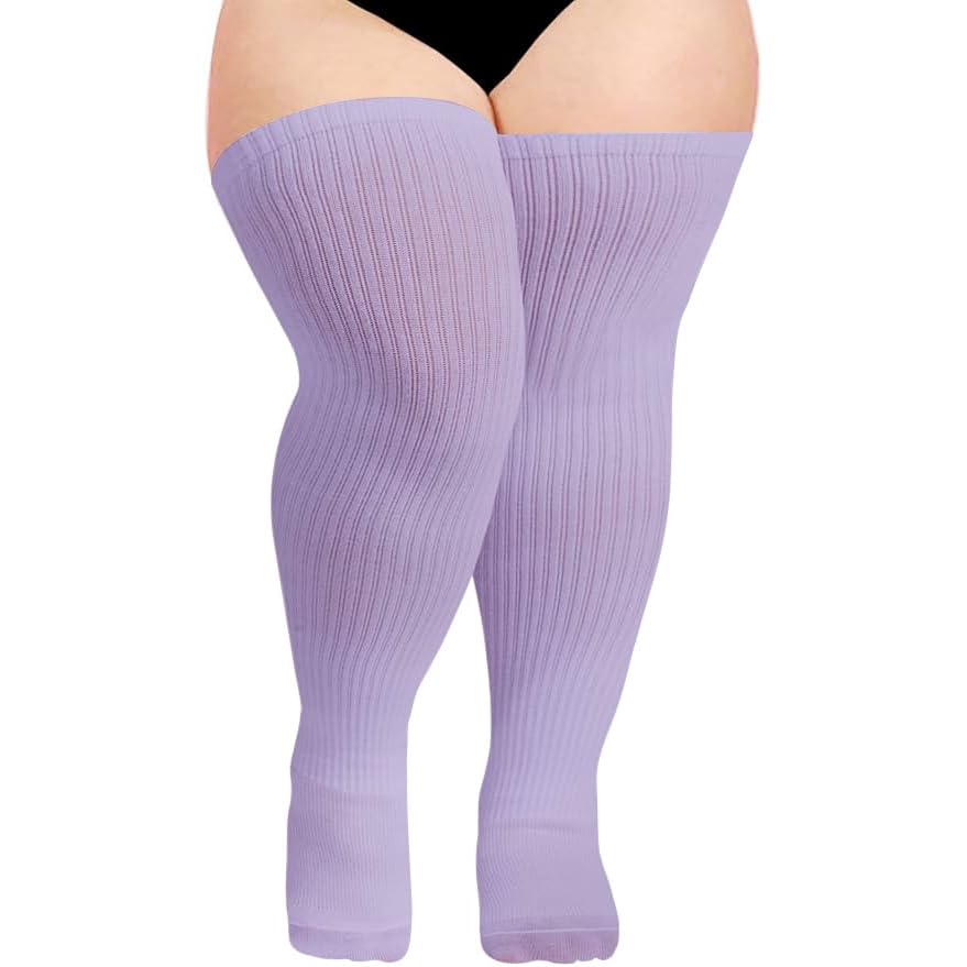 Moon Wood Plus Size Thigh High Socks for Thick Thighs- Womens Knit Cotton Extra Long Over the Knee High Socks Leg Warmer: One Size Plus Light Purple