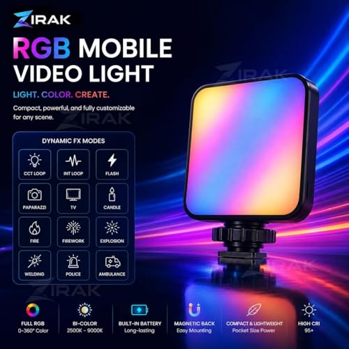 Image of RGB Video Light with Mobile Clip Mount, Rechargeable LED Camera Fill Light for Photography, Vlogging, YouTube, Live Streaming & Makeup, Adjustable Brightness Pocket Light