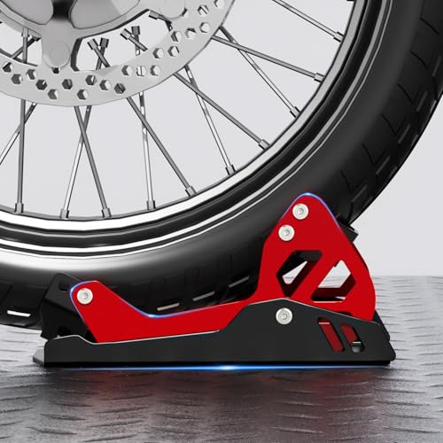 Image of Heavy-Duty Steel Motorcycle Wheel Chock for Trailer Mount | Anti-Rust Black /Red Design | Universal Front Wheel Chock Stand for Dirt Bikes & Motorcycles | Compact & Portable (5.3 inchH x 10.8 inchL x 6.1 inchW)