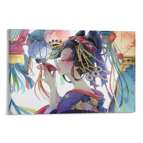 絵画 和服 美人 花魁 和風柄ポスター 部屋飾り キャンバスウォール 壁の絵 壁掛け ホームアートワーク24x36inch(60x90cm)