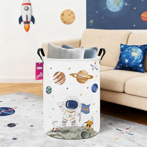 Image of Astronaut Fabric Storage Bin Nursery Organizer Basket | Organizer Bin Dirty Clothes Collapsible Waterproof for College Dorms, Boys and Girls Bedroom,Bathroom