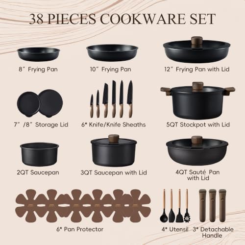 Image of CAROTE 38pcs Pots and Pans Set Non Stick, Cookware Set Detachable Handle | Knife Set, Induction Compatible, Dishwasher & Oven Safe, Space Saving, Camping Cooking Set, Kitchen Set, Black