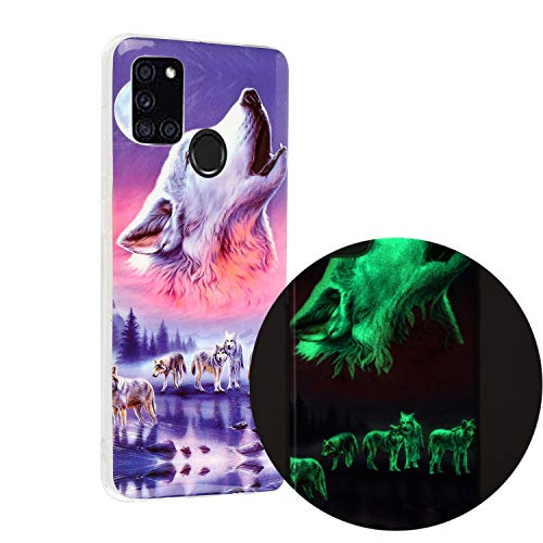 Funda Compatible con Samsung Galaxy A21S, Carcasa Luminoso de Silicona Suave TPU Gel Diseño Dibujos Animados Noctilucent Ultra Fina Anti-Scratch Fluorescente Funda, Lobo