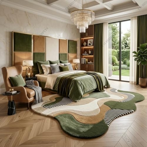 Image of Tauhid Carpet Super Soft Microfiber Shaggy Area Rug | Modern Irregular Abstract Olive Green Beige & Ivory Plush Carpet | Fluffy Floor Rug for Living Room, Bedroom 6 x 8 Feet.