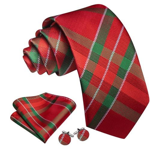 Image of Barry.Wang Plaid Ties Check Mens Necktie Set with Handkerchief Cufflinks Classic Stripe