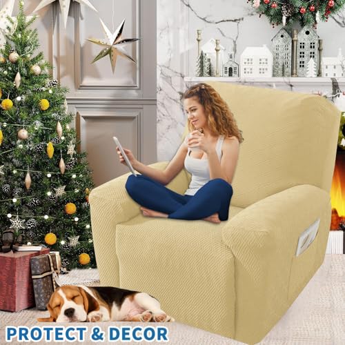 XINEAGE 4-Piece Recliner Cover Stretch Jacquard Slipcover with Pocket, Washable Recliner Chair Protector for Kids, Pets, Dogs, Cats (Beige)