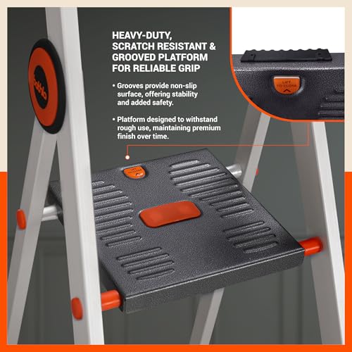 Image of Bathla Advance Pro 6-Step Foldable Aluminium Ladder for Home | Heavy-Duty & Anti-Slip Steps with Sure-Hinge Technology | 7-Year Manufacturer Warranty | Orange