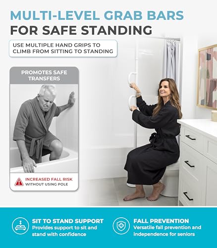 Image of Stander Double Handle Non-Rotating Floor to Ceiling Grab Bar, No-Drill Tension Mounted Transfer Pole for Seniors, Bath Safety & Bedside Assist Rail for Home Standing Support & Fall Prevention, White